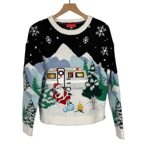 Blizzard Bay Sweater Women S Black Santa Trailer 3D Metallic Ugly Christmas Camp